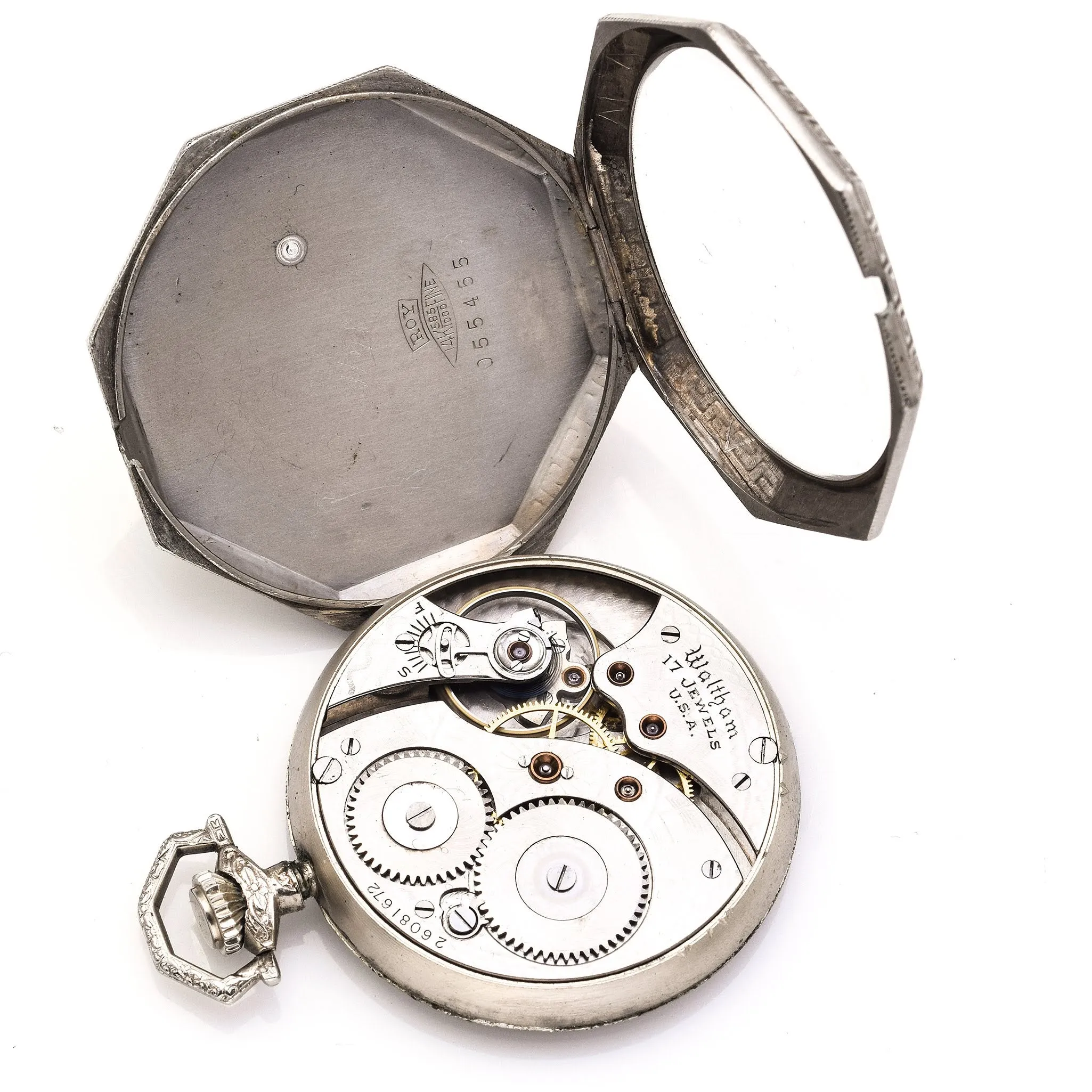 Antique Waltham 14K White Gold 17 Jewels Greek Key Deer Pocket Watch