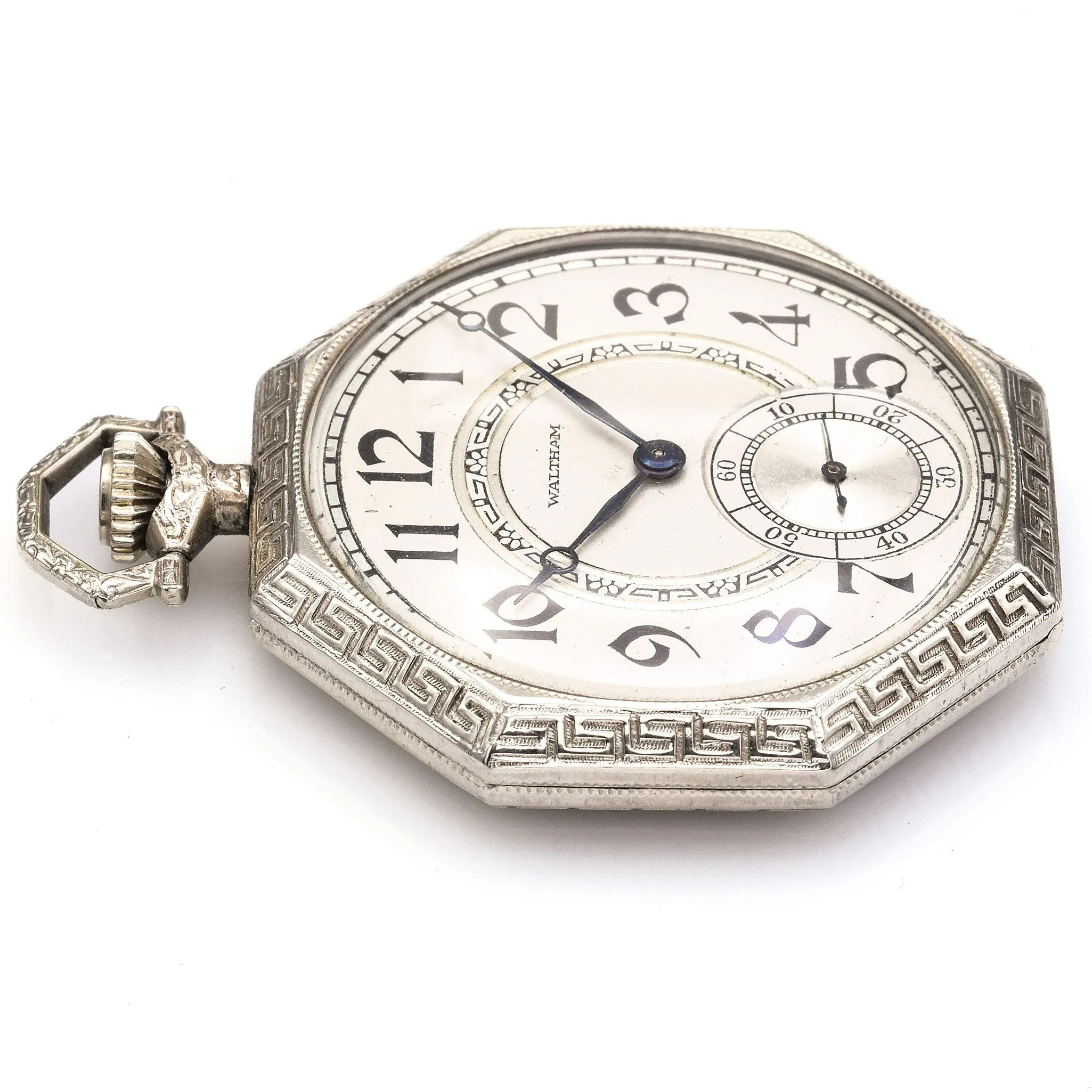 Antique Waltham 14K White Gold 17 Jewels Greek Key Deer Pocket Watch