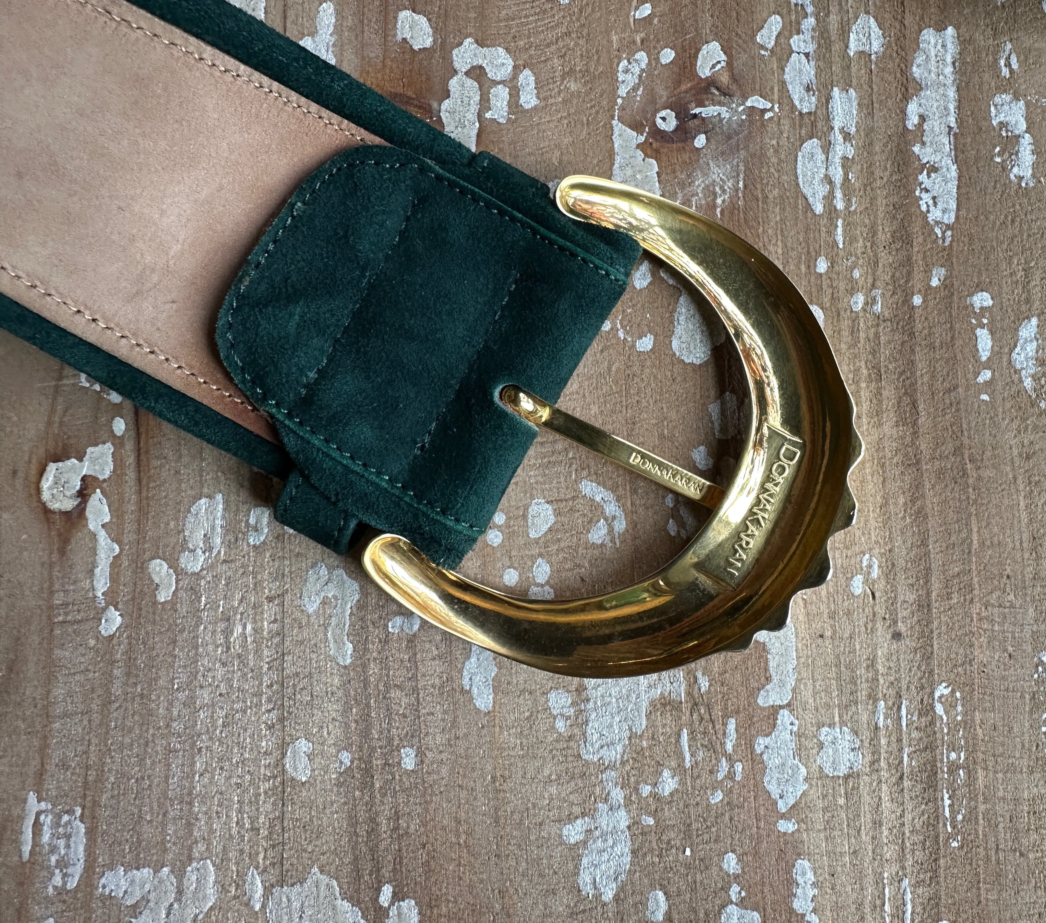 DONNA KAREN 80s / 90s Green Suede Belt w/ Gold Buckle  Small Medium