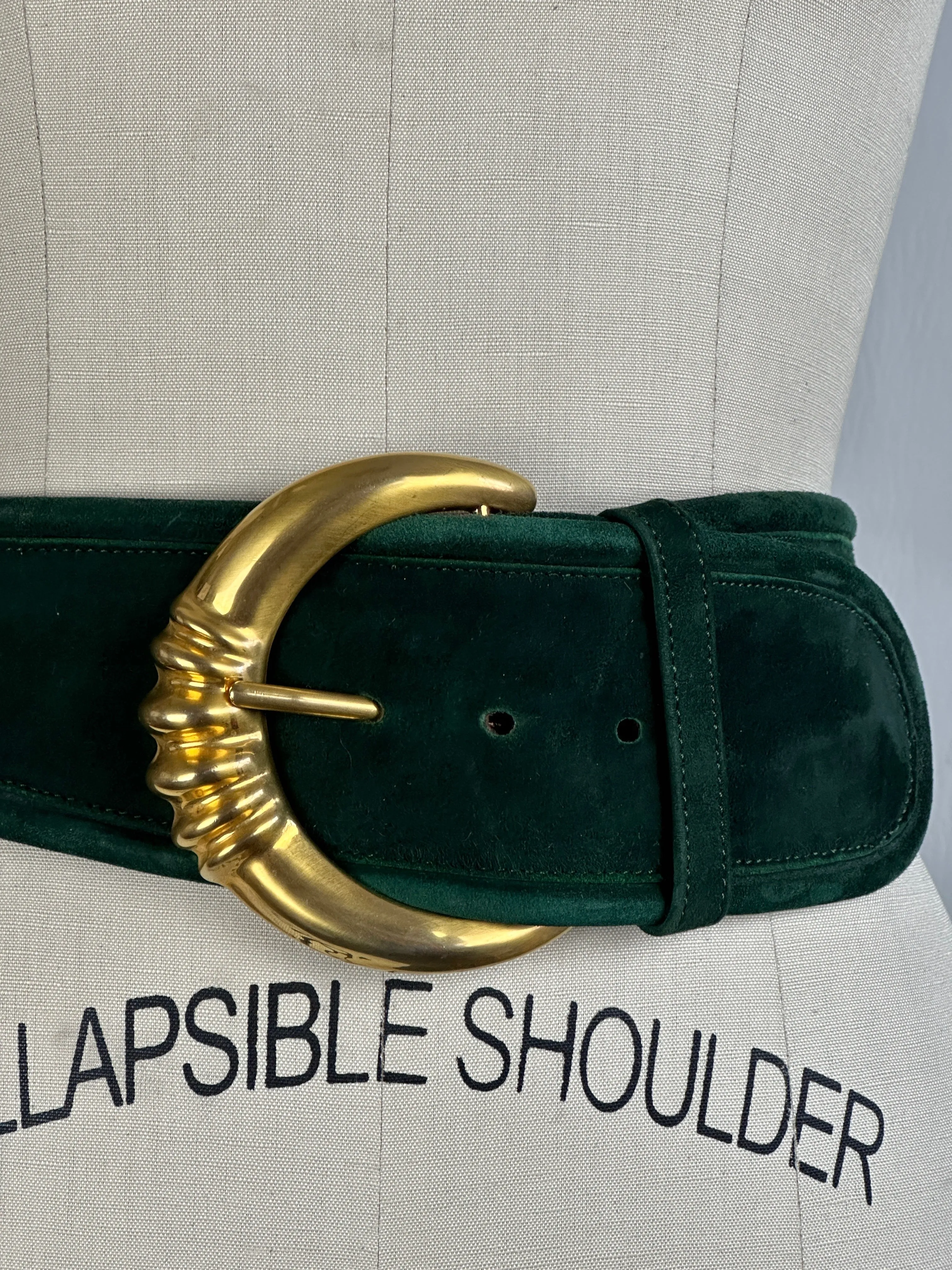 DONNA KAREN 80s / 90s Green Suede Belt w/ Gold Buckle  Small Medium
