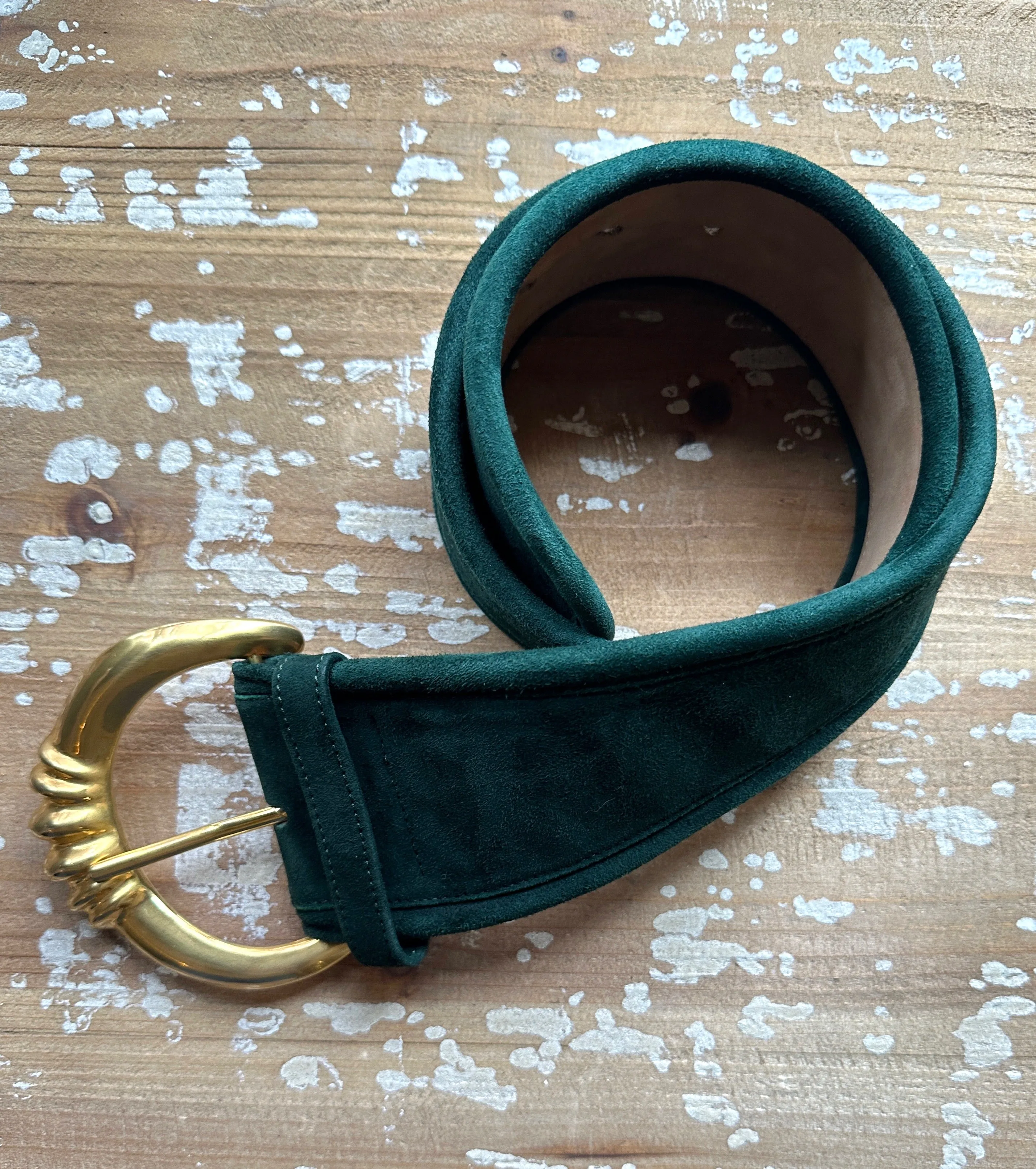 DONNA KAREN 80s / 90s Green Suede Belt w/ Gold Buckle  Small Medium