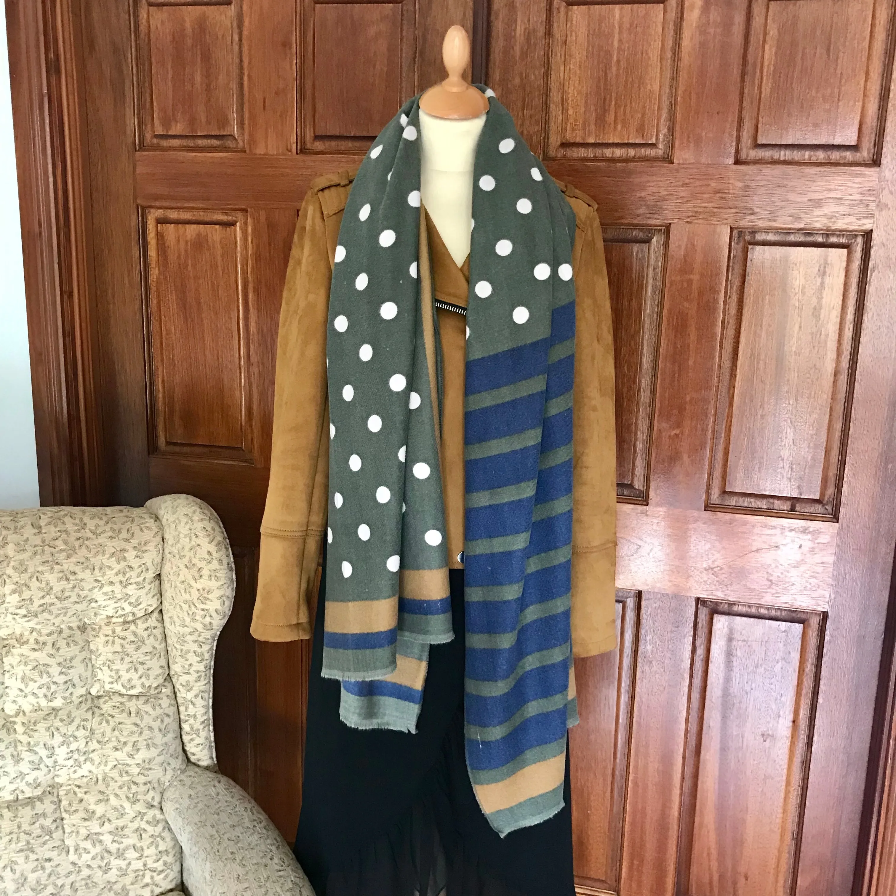 Dots & Stripes Cashmere Feel Scarf in Green & Blue