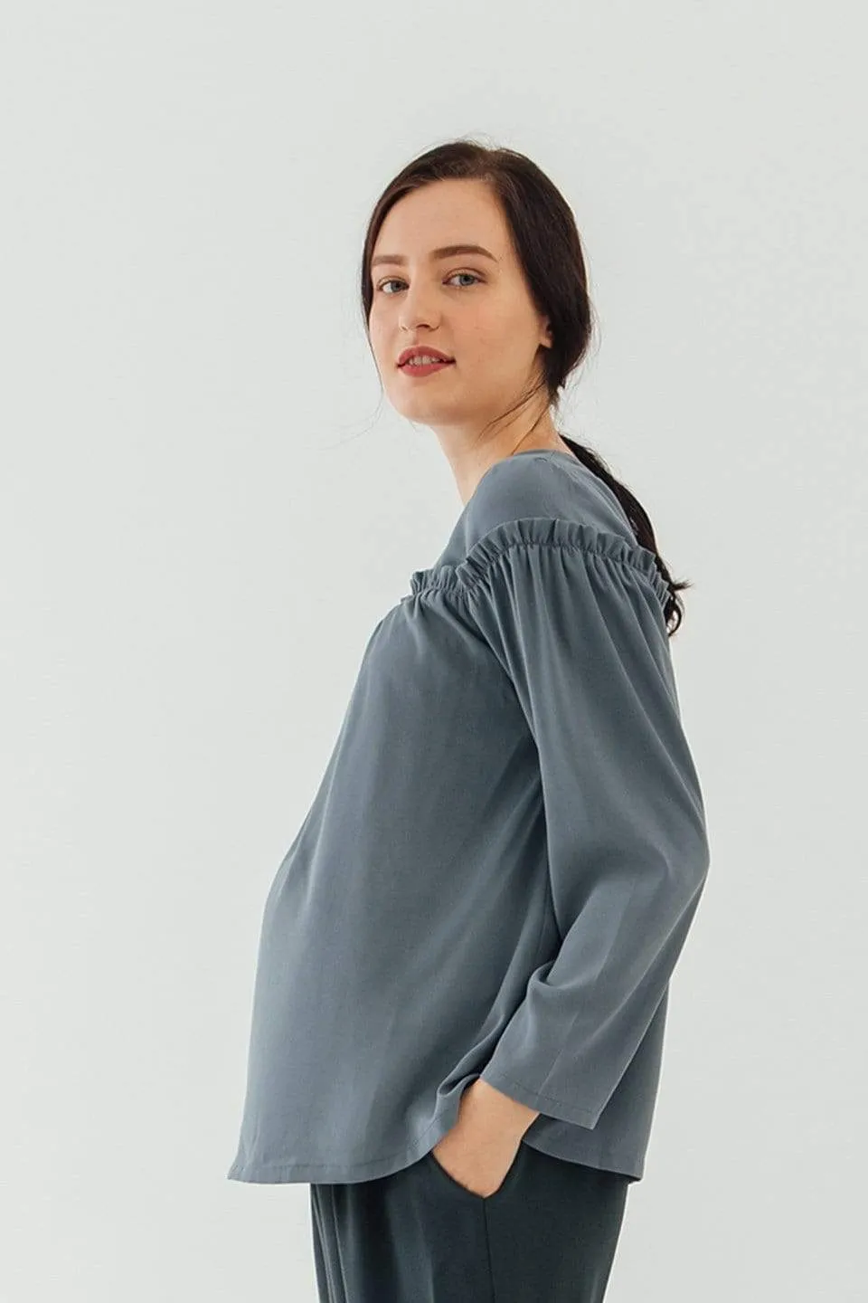 Flounce Long Sleeves Cherice Top Charcoal