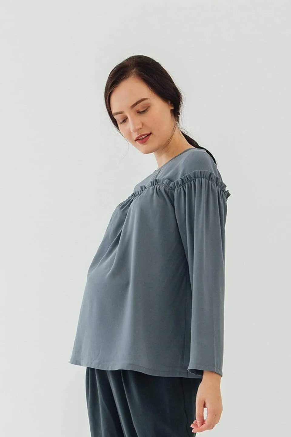 Flounce Long Sleeves Cherice Top Charcoal