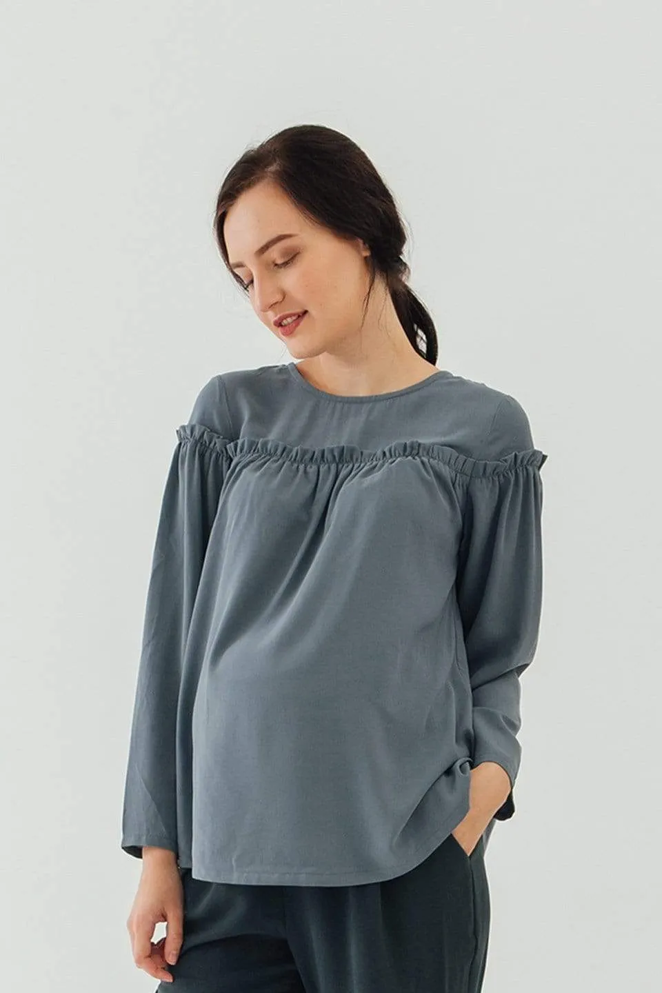 Flounce Long Sleeves Cherice Top Charcoal