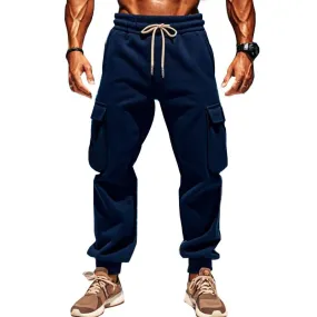 Men's Solid Color Plush Elastic Waist Multi-pocket Sports Pants