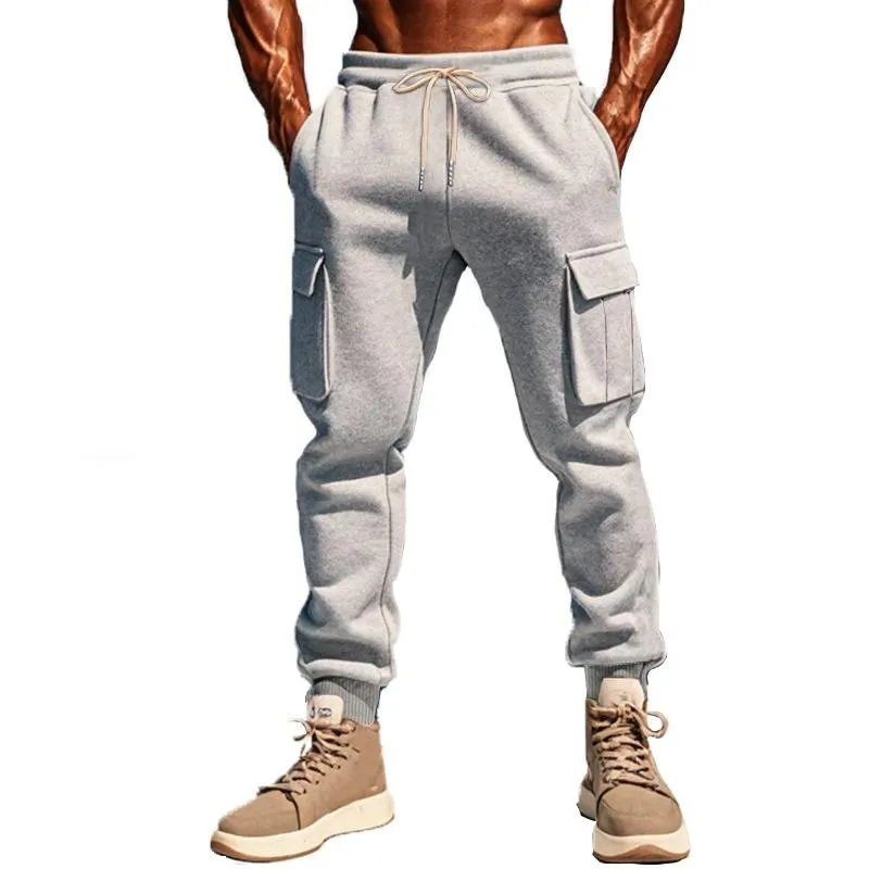 Men's Solid Color Plush Elastic Waist Multi-pocket Sports Pants