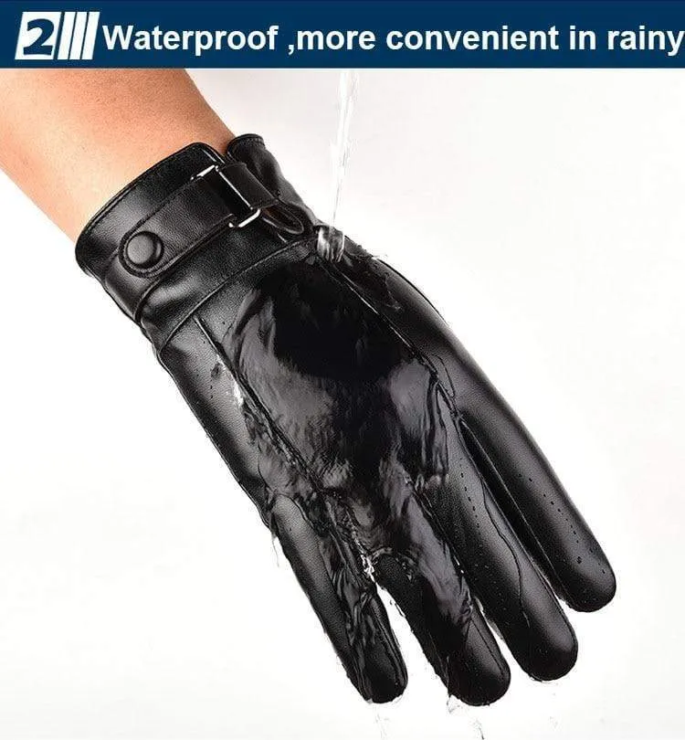 Men's Winter Warm Fashion Waterproof Gloves Men Faux Leather Driving Gloves Thin Leather Gloves for Touch Screen Brown Guantes