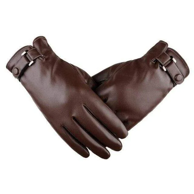 Men's Winter Warm Fashion Waterproof Gloves Men Faux Leather Driving Gloves Thin Leather Gloves for Touch Screen Brown Guantes