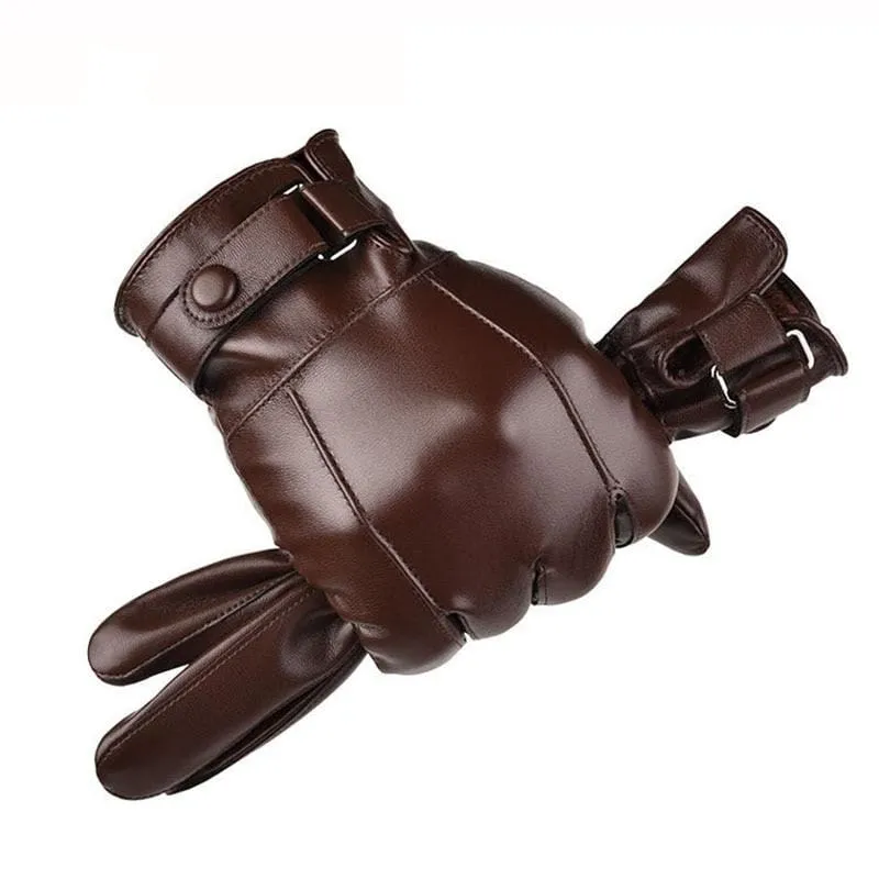 Men's Winter Warm Fashion Waterproof Gloves Men Faux Leather Driving Gloves Thin Leather Gloves for Touch Screen Brown Guantes