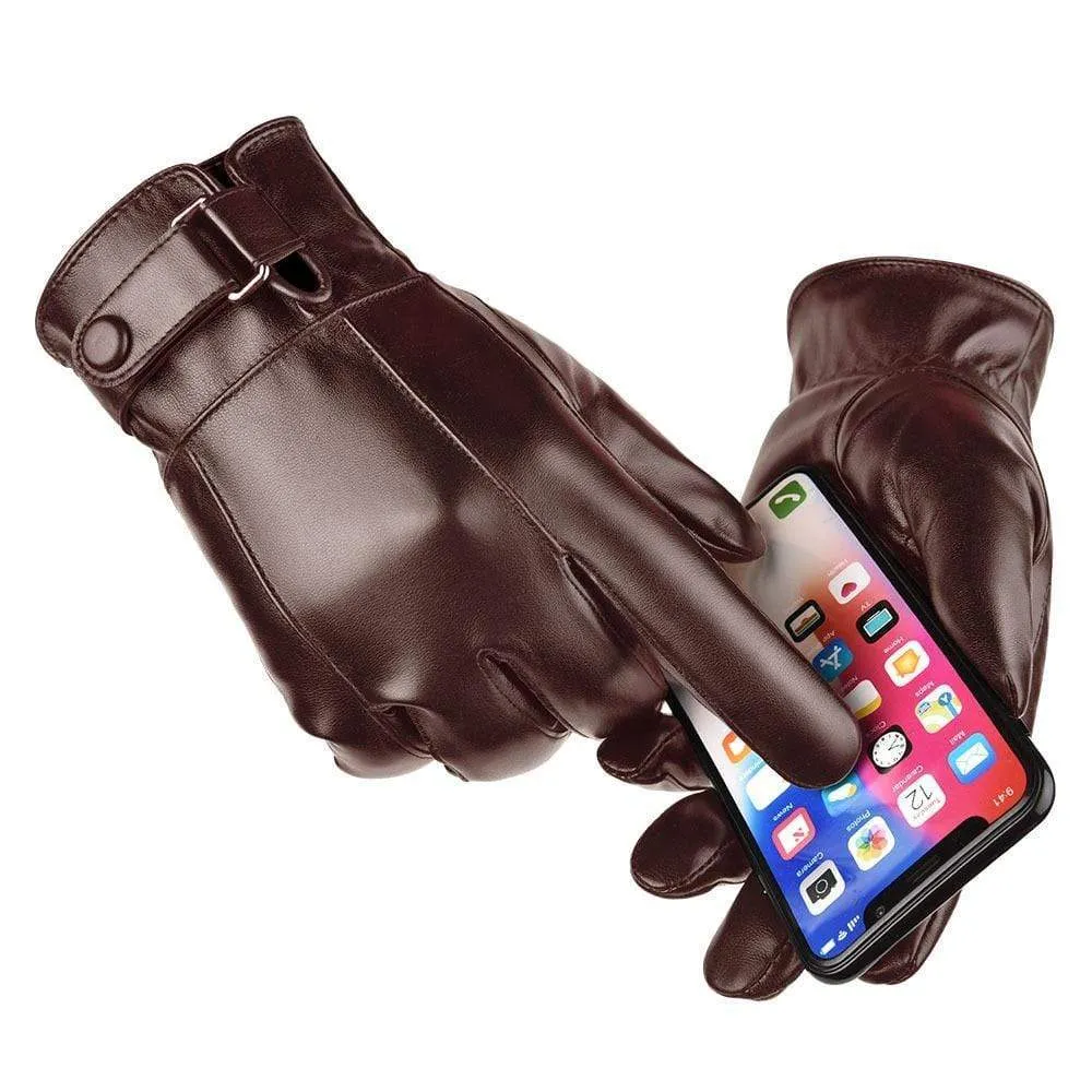 Men's Winter Warm Fashion Waterproof Gloves Men Faux Leather Driving Gloves Thin Leather Gloves for Touch Screen Brown Guantes
