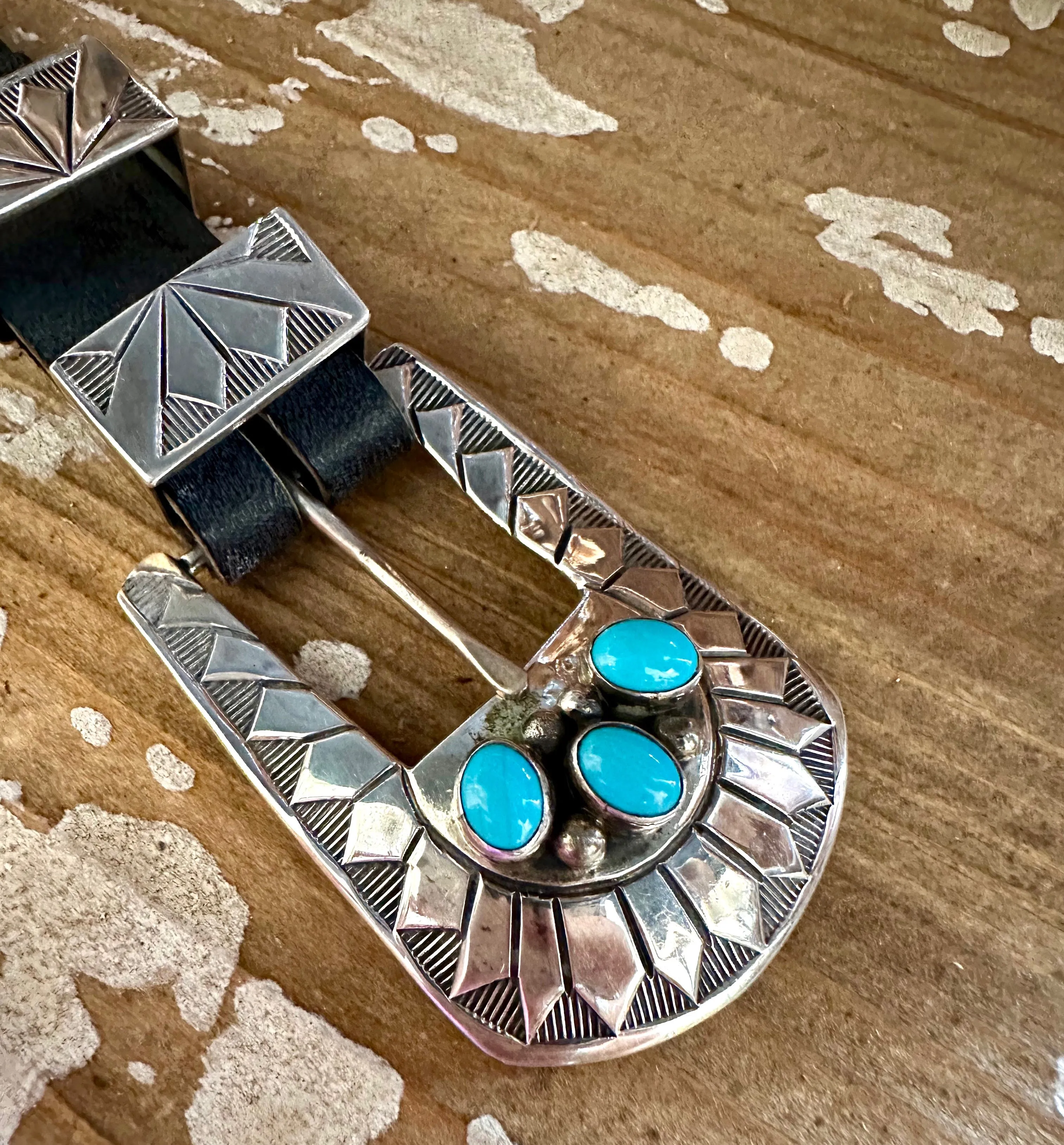 TRES AMIGOS Ranger Belt Buckle, 42g Sterling Silver and Turquoise