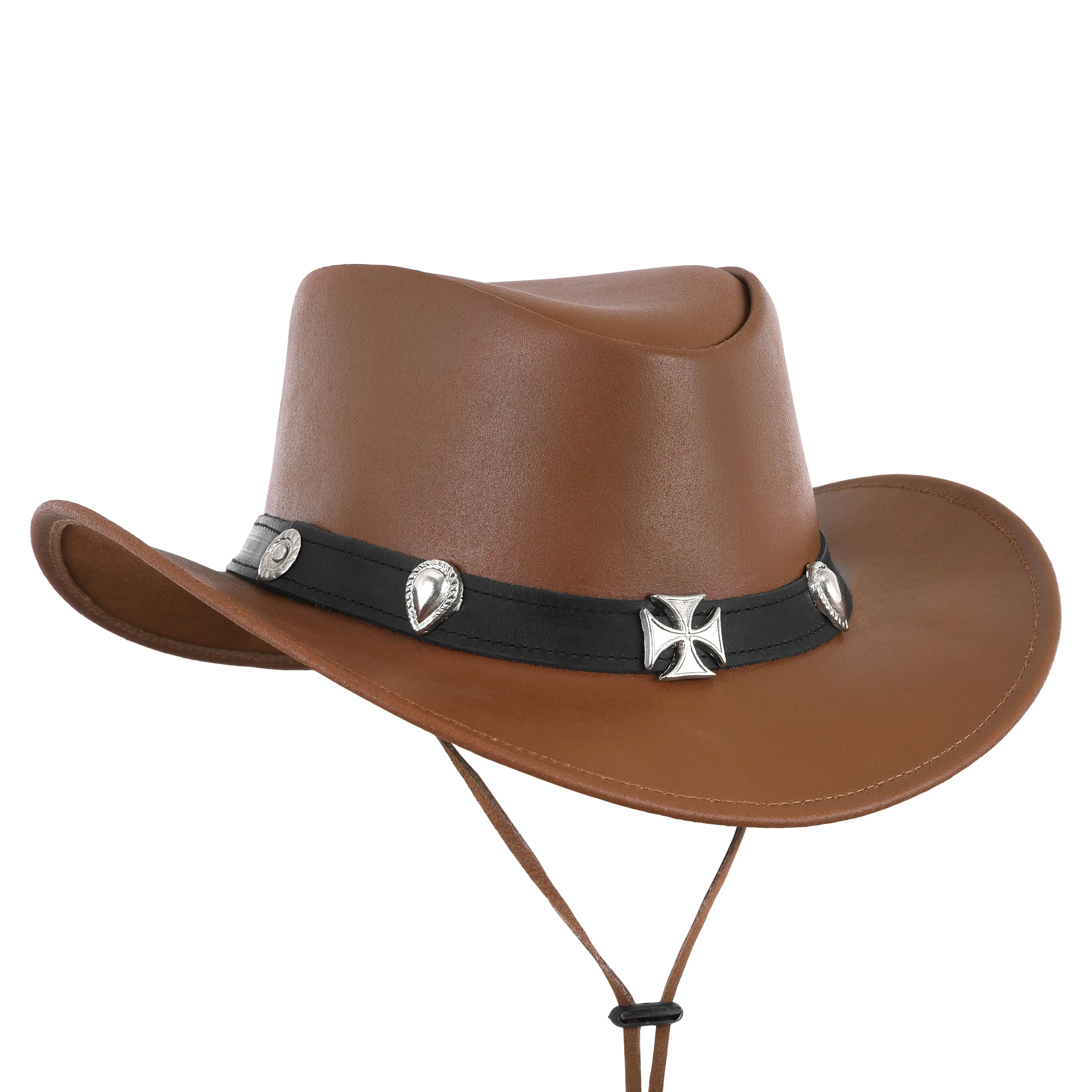 Western Style Tan Leather Cowboy Hat with Decorative Hat Band